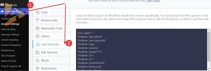 Chỉnh sửa robots.txt trong Rank Math SEO